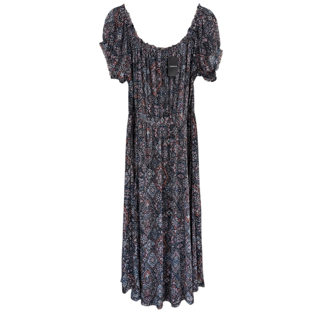 Torrid Midi Mesh Off Shoulder Peasant Dress Sz 00 M L - Picture 2 of 9